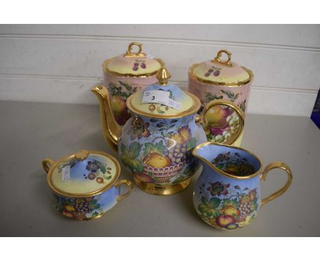 Quantity of Canterbury fine china wares comprising teapot, milk jug and sugar basin together with two further fruit decorated