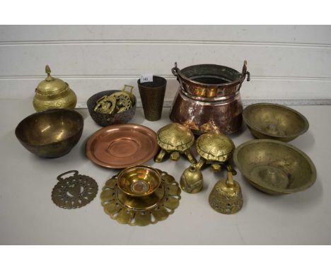 Mixed Lot: Various assorted horse brasses, brass vases, model tortoises etc