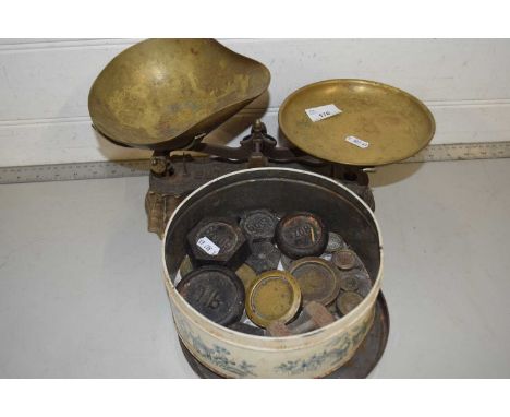Pair of vintage scales plus tin of various weights