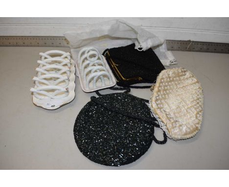 Mixed Lot: Three beaded evening bags together with two vintage ceramic toast racks