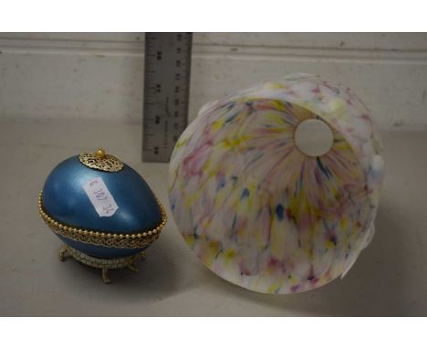 Marbled glass light shade together with a novelty egg shaped dressing table container