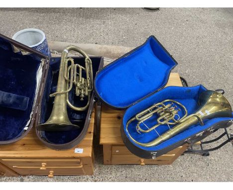 Two vintage brass horns or euphoniums  in cases