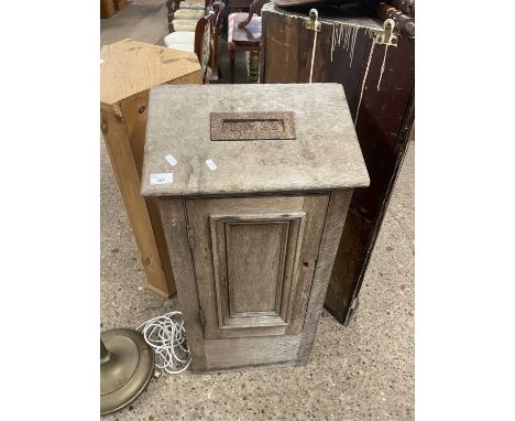 Vintage oak letter box with panelled door, very worn condition, 42cm wide