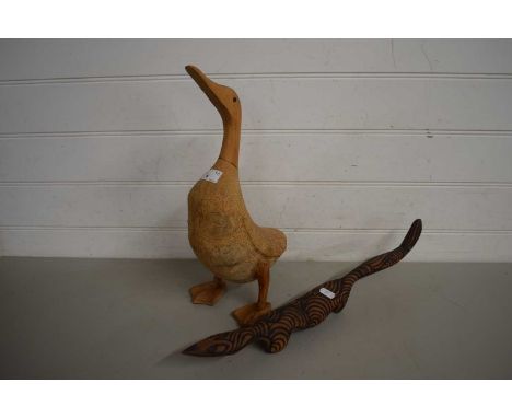 Modern wooden model duck and a further model lizard (2)
