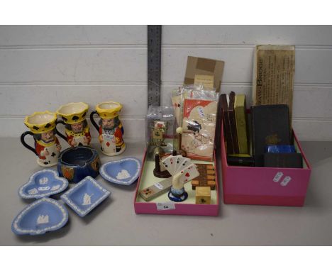 Collection of various bridge and playing card related items to include a set of novelty Doulton jugs, Wedgwood pin trays, Dou