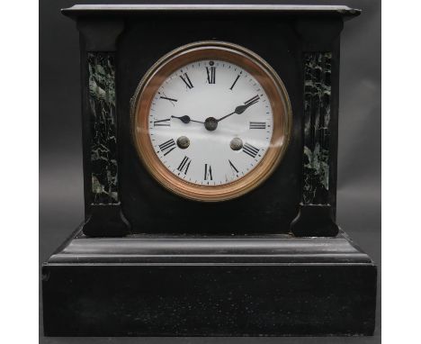 A late Victorian marble and slate mantel clock with white enamel dial flanked by pilasters on plinth base. 22.5 L.23 W.13.5cm