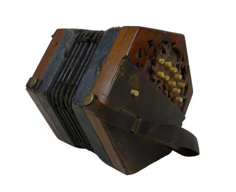 A late 19th century concertina by Lachenal, with twenty-one bone buttons, 16 by 19 by 18.5cm high. 