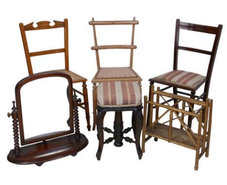 A group of furniture, comprising a 19th century painted side chair, an Edwardian cane seated bedroom chair, a dark stained wo