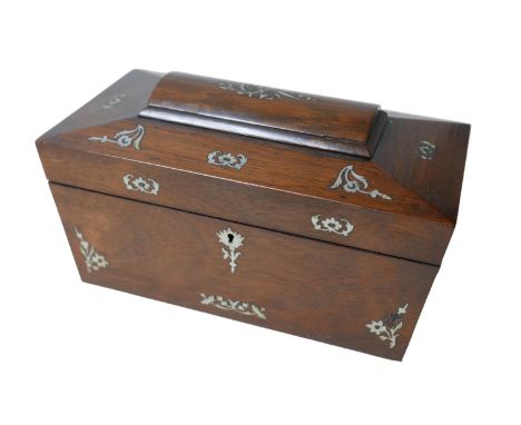 A Victorian oak sarcophagus form tea caddy with mother of pearl inlays, fitted with two internal lidded compartments and a gl