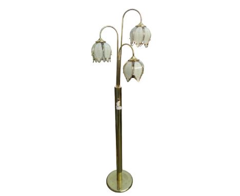 A modern standard lamp, with three flowerhead shaped lights, brass column, on a circular base, 168.5cm high. 