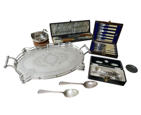 A collection of silver plate, including a silver plated twin handled tray, assorted flatware, together with a bronzed resin f