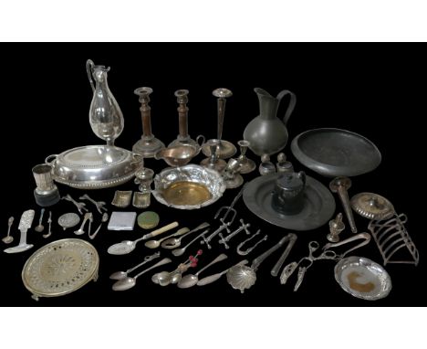 A collection of silver plate and pewter, including a collapsible stirrup cup, and an 830 stamped decorative spoon and a silve