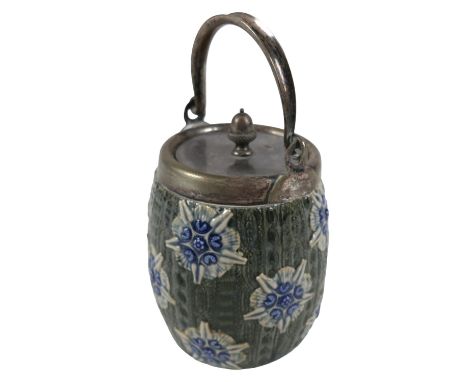 A Royal Doulton Slaters Patent stoneware barrel, with silver plated handle and cover, acorn finial, decorated stylised blue a