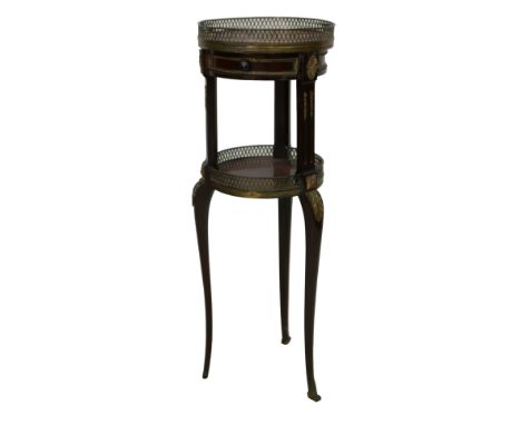 A French late 19th century cylinder form side table, with circular pierced brass gallery, single drawer, shaped legs and lowe