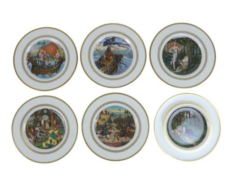 A set of Royal Worcester King Arthur plates, 23.3cm diameter, boxed with paperwork. (6) 