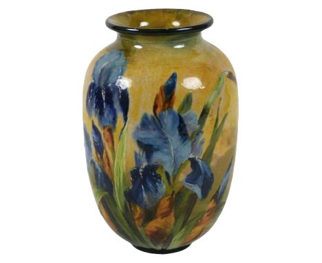 A large Doulton Impasto ware vase by Rosa Keen, the body decorated with blue iris and leaves on a buff ground, impressed and 
