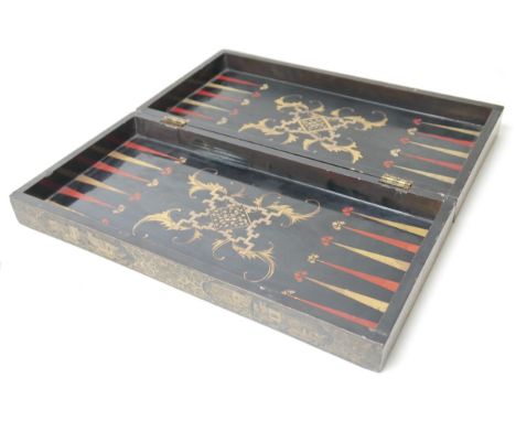 A Chinese lacquer chess, backgammon game board box, 50 by 50 by 4.5fully open, 50 by 24.5 by 9cm high, a/f. 