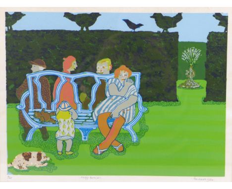 Dorothy Bordass (British, 1905-1992): 'Park Bench', limited edition print, 7/25, signed and dated 1982 lower right, framed 48