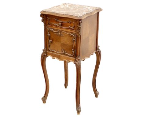 A French early 20th century mahogany bedside cabinet, with rouge de Maine marble inset surface, single drawer and single cupb