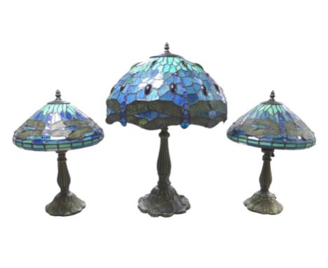 A group of modern Tiffany style table lamps, all with blue and green dragonfly designs, largest lamp measure 58cm high with t