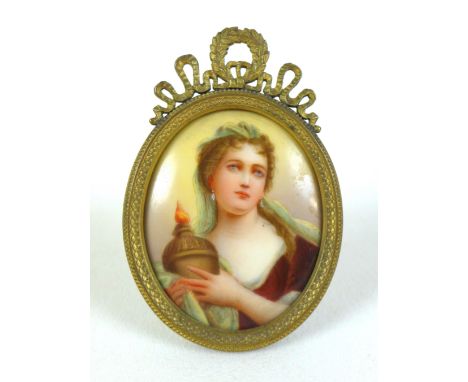 A 19th century oval porcelain miniature portrait, depicting the 18th century French actress Adrienne Lecouvreur, signed 'B. B