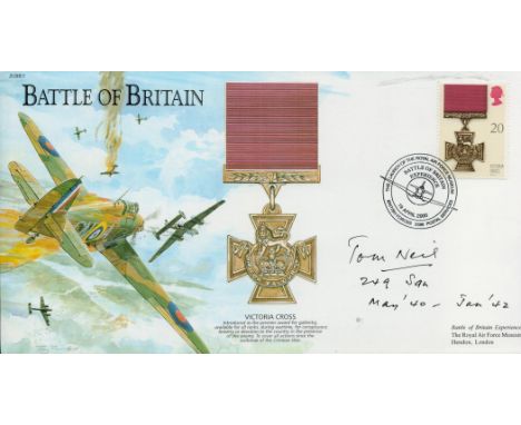 Tom Neil Signed Battle of Britain First Day Cover with British stamp and 19, 4, 2000 Postmark. Good condition. All autographs