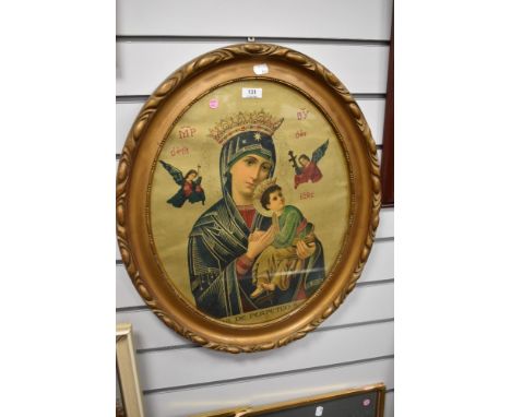 A gilt framed orthadox catholic church print of Madonna and child with map print