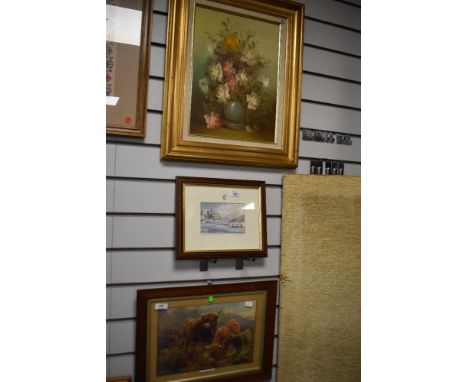 An original oil on board of a floral still life scene,signed Cooper sold with a print of Wateredge hotel, Ambleside after Eli