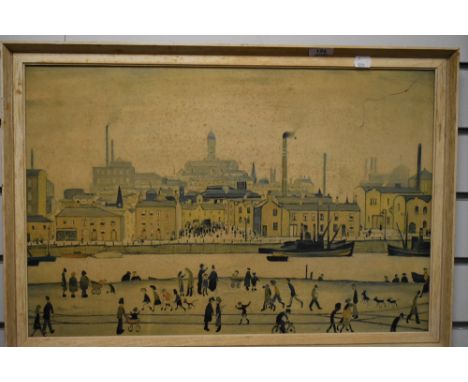A mid century print on board after J S Lowry of a mill town scene