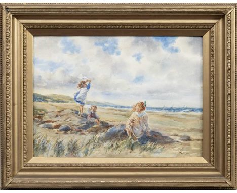 THOMAS "TOM" PATERSON (SCOTTISH fl. 1919 - 1925), BREEZY DAY AT THE BEACH watercolour on paper, signedframed and under glassi