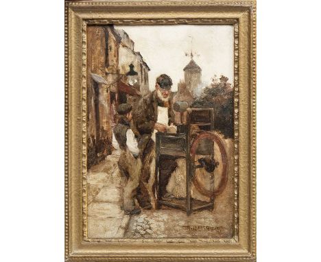 ROBERT MCGREGOR RSA (SCOTTISH 1847 - 1922), THE KNIFE-GRINDER oil on canvas, signed, titled versoframedimage size 21cm x 14cm
