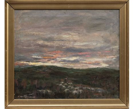 ALEXANDER HAMILTON SCOTT (SCOTTISH 1876 - 1944), HERDING SHEEP oil on canvas, signedframedimage size 30cm x 35cm, overall 36c
