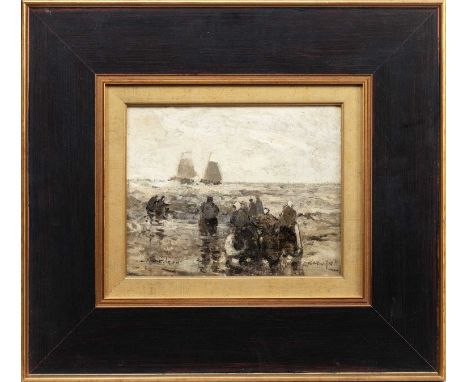 WILLIAM ALFRED GIBSON (SCOTTISH 1866 - 1931), MEETING AT THE SHORE  oil on board, signedframedimage size 19cm x 25cm, overall