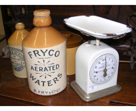 Vintage Salters scales, together with stoneware flagons