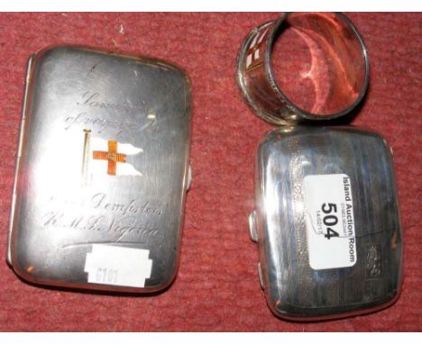 Silver and enamel cigarette case with sailing club pennant, together with matching napkin ring and one other silver cigarette