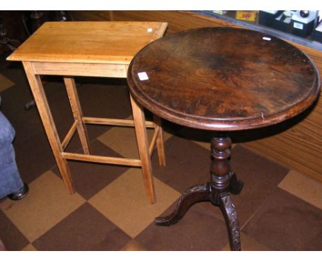 Victorian oak tripod table on carved tripod supports and an oak occasional table