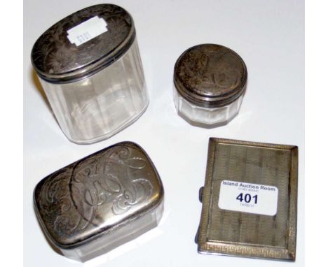 Engine turned silver cigarette case and three silver top jars