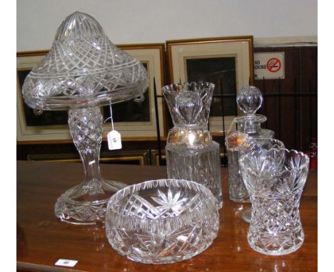 Cut glass table lamp, together with decanters, vases, etc.