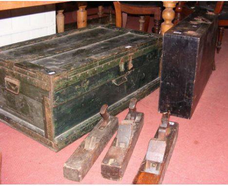 A painted pine tool box, together with one other tool box containing a selection of tools