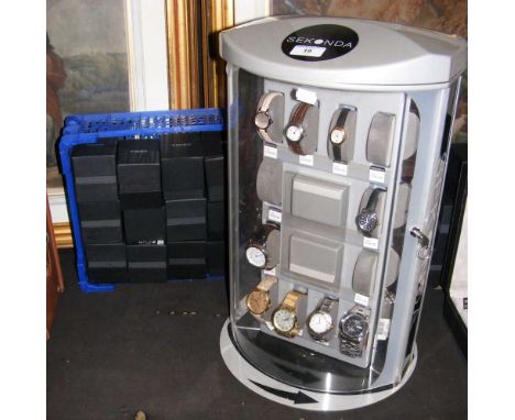 Jeweller's watch display case containing 19 new Sekonda and Timex watches with some cases