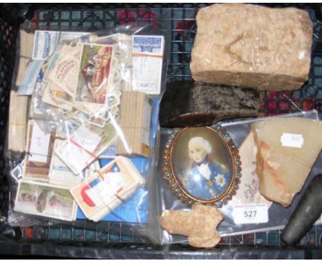A miniature painting in gilt frame, together with flint axe heads, cigarette cards, etc.