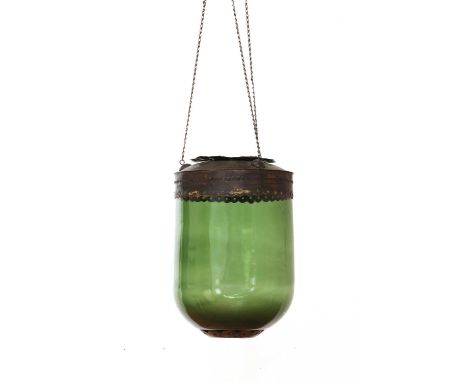 An Eastern aqua glass lantern,20th century, with beaten copper mounts, ceiling mounts and hanging chains,41cm wide41cm highPr