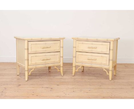 A pair of painted faux bamboo bedside tables, of recent manufacture, each set with two drawers raised on slightly splayed sup