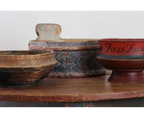 A Norwegian turned and painted softwood pedestal bowl,with a painted inscription reading 'Lars Lassesen Aaret 1858',14.5cm hi