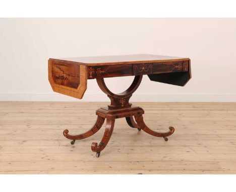 A George III rosewood, satinwood and kingwood sofa table,c.1790-1800, the top with strung and broadly crossbanded borders, ov