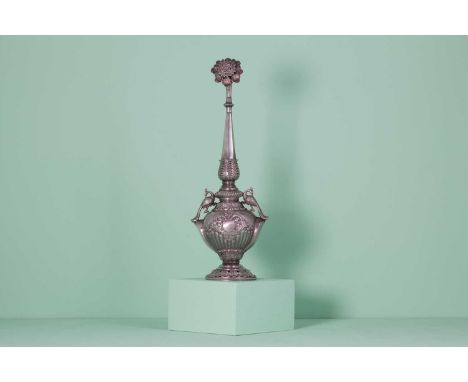 A silver rosewater sprinkler,19th century, Indian, the petal formed rose over a faceted stem, the globular half-gadrooned bod