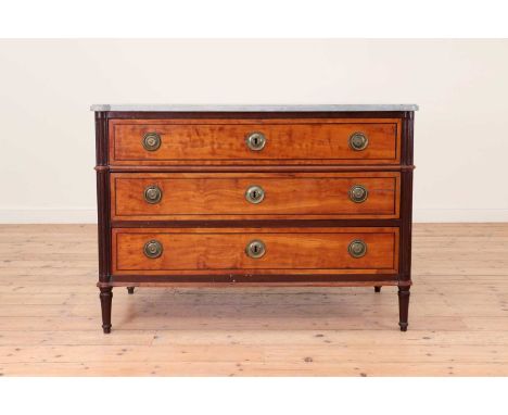 A Louis XVI satinwood and mahogany commode,late 18th century, French, with a grey marble top and three-quarter column sides, 