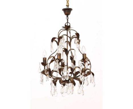 A five-light ceiling light,with pressed metal leaves and prismatic teardrop-shaped drops, on a scrolled frame,60cm highProven