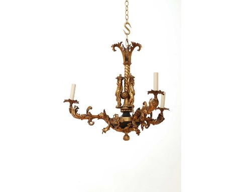 A Napoleon III-style gilt and patinated metal chandelier,20th century, French, the twisted column with scrolling acanthus det