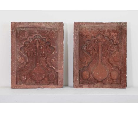 A pair of Mughal carved red sandstone panels, probably 18th or 19th century, North Indian, possibly originally from a Chini-k